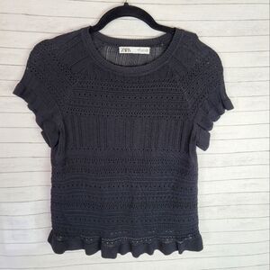 ZARA BLACK CROCHET KNIT FLUTTER SLEEVE BLOUSE, SZ SMALL